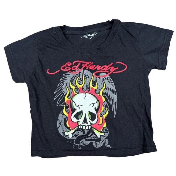 Y2K Ed Hardy Small Skull Flames Crop Top Black‎ Short Sleeve Tee Tattoo Graphic - Picture 8 of 8